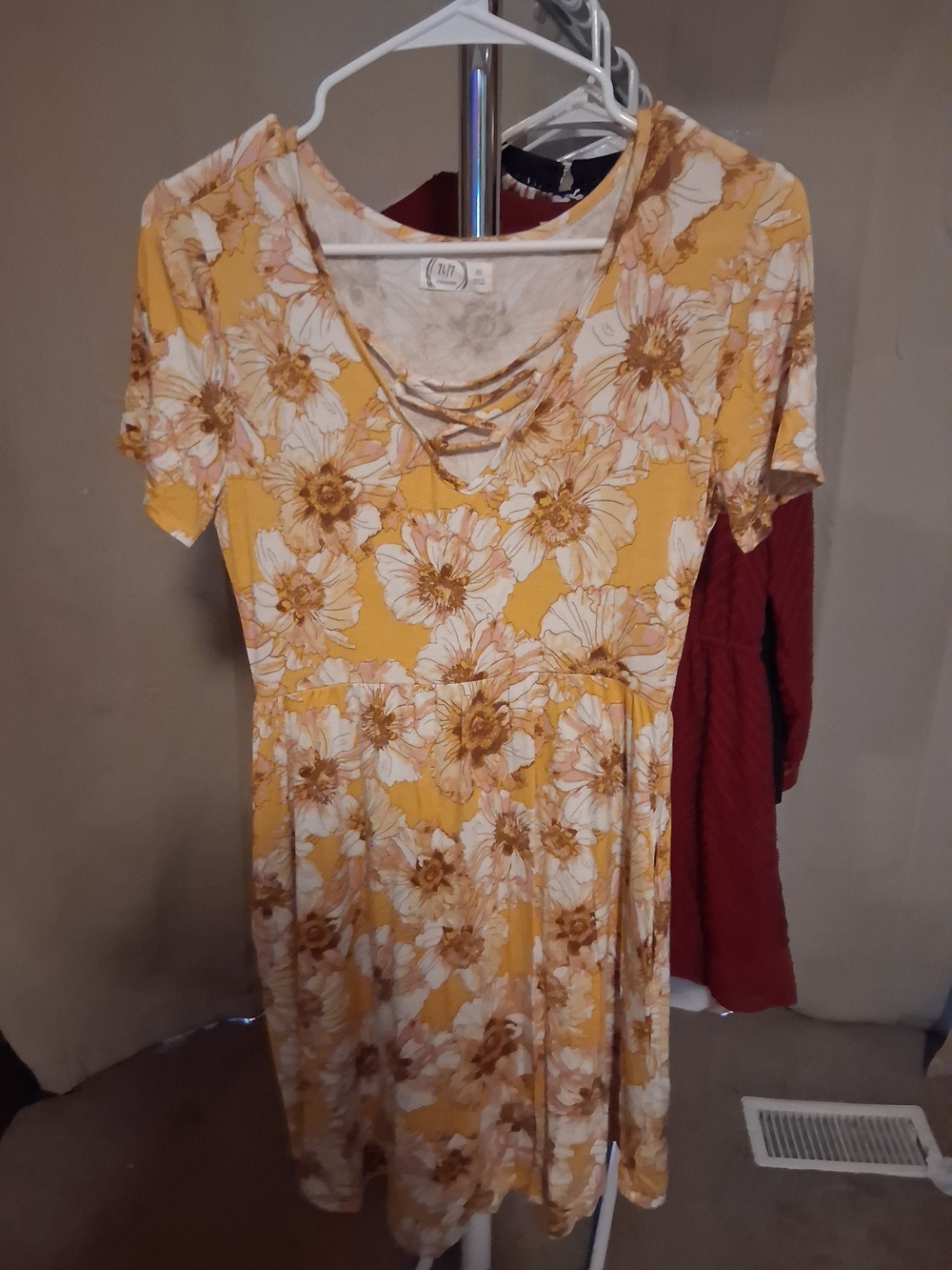 Maurices Yellow Floral Short Sleeve Dress with Crisscross V-Neck